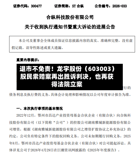退市不免责！龙宇股份（603003）股民索赔案再出胜诉判决	，也再获得法院立案-第3张图片